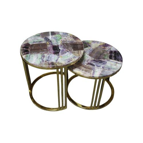 Heliotrope Purple Flourite Stone Nestling Table Set with Gold Metal Frame