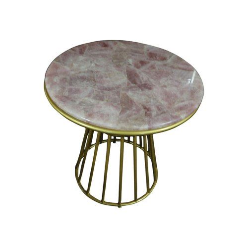 Blush Roze Quartsz Side Table with Gold Metal Frame