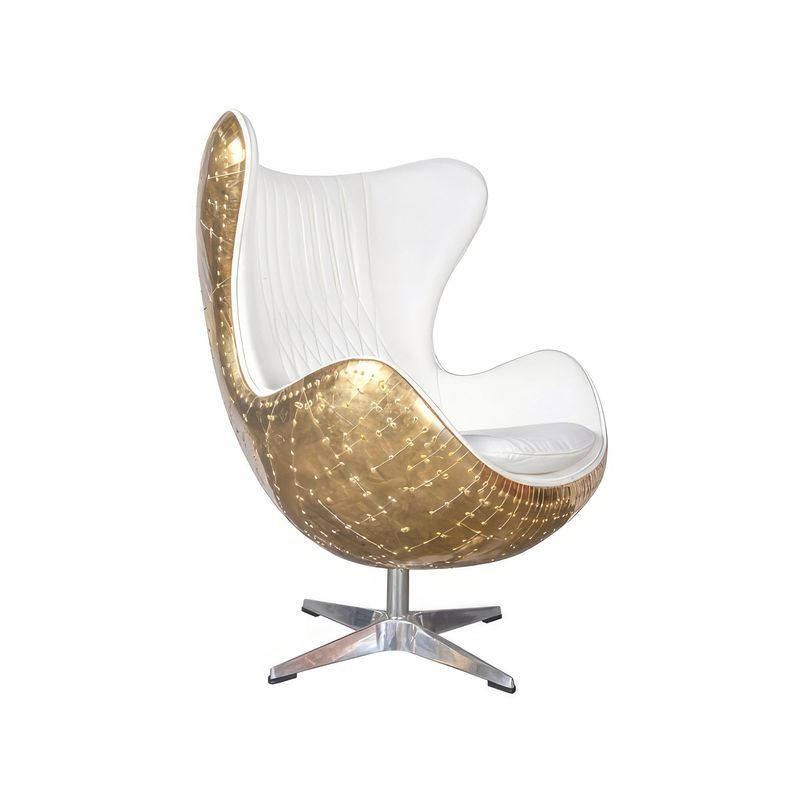 Admiral White Leather and Polished Brass Egg Chair