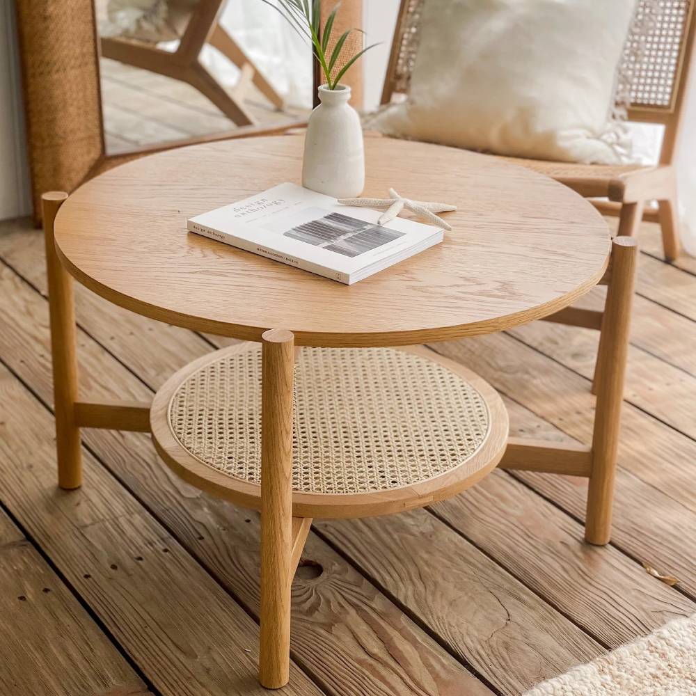 coffee table with rattan shelf