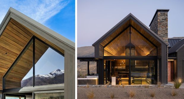 Composite image showing a contemporary alpine-style residence with steep gabled forms, dark timber and stone exterior finishes, and extensive floor-to-ceiling glazing. The left panel is a close-up of a timber-lined gable and sharply angled window framing with mountain reflections; the right panel shows the full gabled dwelling, a prominent stone chimney, warm timber soffits, and a glazed living area opening toward a dry landscaped setting.
