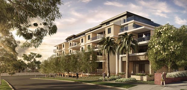 Architectural rendering of a multi-storey contemporary residential apartment building with stepped balconies, projecting roof forms, extensive glazing, landscaped pedestrian edges, palm trees, and a street frontage. The warm-toned facade combines rendered surfaces with dark horizontal balcony and roof elements.