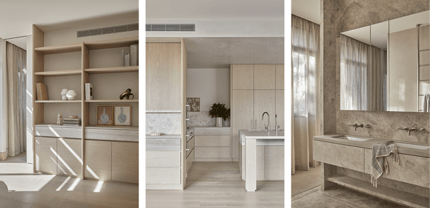 A triptych of refined residential interiors: a light-toned living area with built-in timber shelving and cabinetry, a minimalist kitchen with a central island, and a sophisticated double-vanity bathroom with a large mirror. The spaces feature pale timber, stone-look surfaces, soft neutral finishes, and abundant natural light.