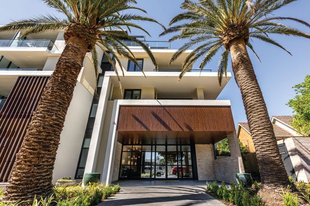 Street-level exterior view of a contemporary multi-storey building framed by tall palm trees. The facade combines white rendered walls, extensive glazing, projecting balconies with glass balustrades, dark vertical screening, and a prominent timber-toned slatted canopy over the glazed entrance. A paved forecourt and landscaped planting lead to the entry, with a neighbouring pitched-roof house visible at right.