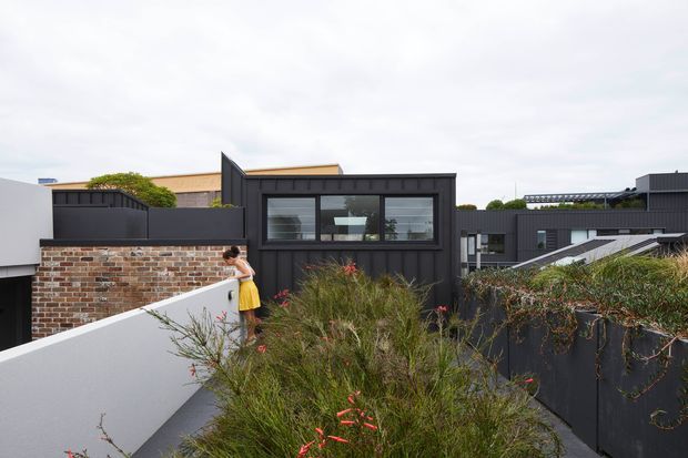 Exterior view of a contemporary multi-level residential building with dark charcoal cladding, large horizontal windows, a flat roof, and a contrasting exposed brick wall. White rendered boundary walls and landscaped planting occupy the foreground, with adjoining modern building forms visible behind.