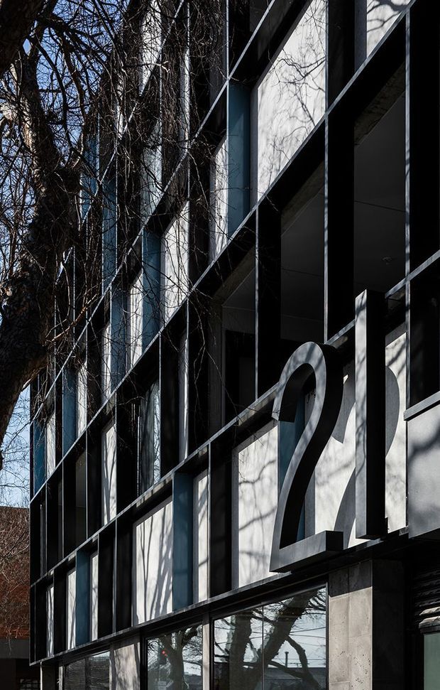 Vertical view of a contemporary multi-storey commercial building facade with dark metal framing, large reflective glazing, pale solid wall panels, and prominent raised numeric signage. Bare tree branches cast strong shadows across the facade, creating a high-contrast architectural composition.