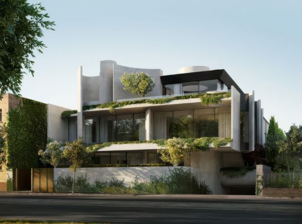 A contemporary multi-level residential house viewed from the street, featuring extensive floor-to-ceiling glazing, projecting slab balconies, a dark flat-roofed upper pavilion, sculptural curved rendered walls, and abundant integrated greenery on terraces and facade edges. The property has a landscaped front boundary with a pedestrian gate and driveway or garage access, set in an established suburban streetscape.
