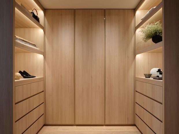 A warm, compact walk-in wardrobe with full-height light timber cabinetry, central closed wardrobe doors, open display shelving, and multiple drawers on both sides. Integrated warm LED strip lighting highlights folded clothing, shoes, accessories, and a potted plant. The space has a refined, minimalist built-in joinery design and timber-toned flooring.
