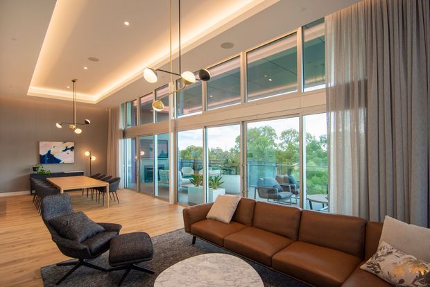 A spacious contemporary open-plan living and dining area with warm timber flooring, a large brown leather sectional sofa, dark lounge chairs, a round marble coffee table, and a timber dining table. Full-height glazed doors and clerestory windows open to a leafy outdoor view, while layered recessed and pendant lighting creates a warm, refined atmosphere. Floor-to-ceiling curtains frame the glazing.