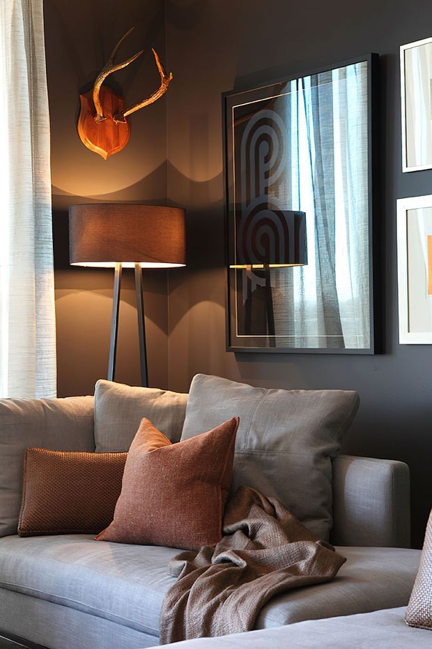 A moody, warmly lit living room vignette featuring a large neutral upholstered sofa, rust and brown cushions, and a draped throw. The dark charcoal wall is styled with framed abstract artwork, a tall floor lamp, and a mounted antler sculpture. Sheer curtains soften the light at the window, creating a cosy, refined atmosphere.