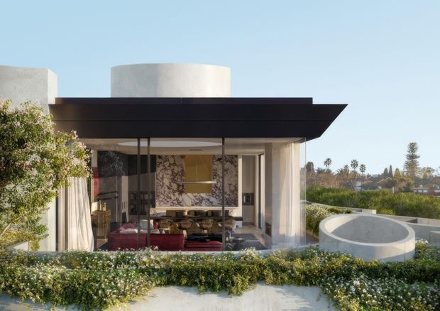 Exterior view of a contemporary flat-roof residence with bold projecting black roof planes, rounded white rooftop forms, and expansive floor-to-ceiling glazing. A refined living room is visible through the glass, while curved concrete elements and landscaped planting frame the foreground.