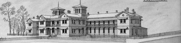 A monochrome architectural elevation drawing of a large, symmetrical historic mansion or institutional residence. The building has classical detailing, multiple pavilion-like wings, columned verandas, ornate window surrounds, prominent roof cupolas, chimneys, and a low perimeter fence, with sparse trees at the sides.