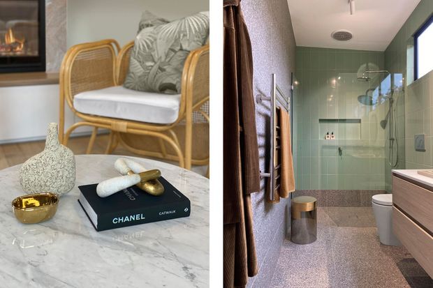 Split image showing two interior spaces: a refined living area with a marble coffee table, rattan lounge chair, neutral accessories and a fireplace, alongside a contemporary bathroom with green tiled walls, terrazzo-style flooring, frameless shower glazing, wall-mounted towel rails and timber-toned vanity cabinetry.