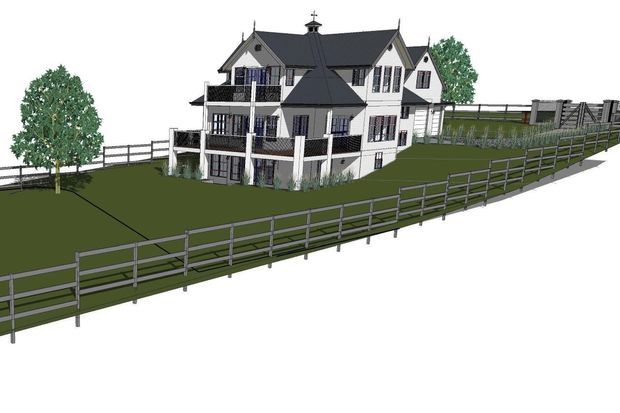 A 3D architectural rendering of a large multi-storey residential house on a sloped, fenced site. The building has a white exterior with dark grey roofing, multiple gabled roof sections, balconies, tall windows, and a small cupola. Landscaping is represented with simplified grass and trees, with extensive rail fencing around the property.