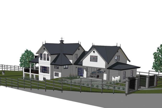 Architectural rendering of a large multi-wing rural residence with white and grey siding, dark pitched gabled roofs, dormer-like upper windows, a covered entry, attached garage, and extensive fenced grounds. The building has a traditional farmhouse-inspired form presented in a clean 3D visualization.