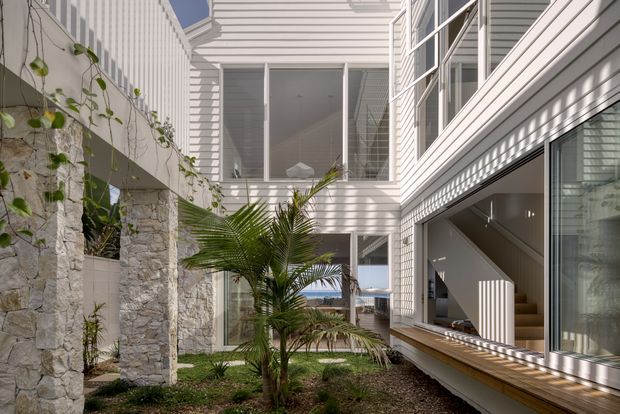 A bright contemporary courtyard viewed between two wings of a multi-storey residence. White horizontal weatherboard cladding, extensive glazing, and strong linear shadows frame a landscaped courtyard with a young palm, climbing vines, and rough natural-stone walls. An open stairwell and interior living spaces are visible through the glazing.