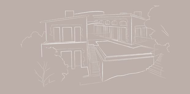 A monochrome architectural line drawing of a multi-level contemporary building, showing flat roof forms, terraces, stairs, large rectangular windows and surrounding vegetation against a muted taupe background.