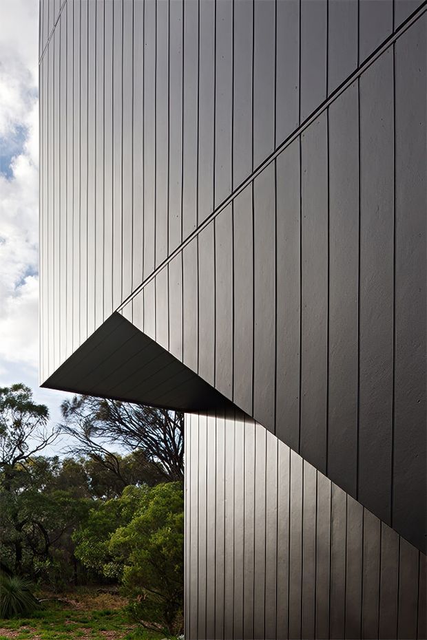 Close-up exterior architectural view of a sharply geometric modern building facade. Tall vertical dark-grey cladding panels form the wall, intersected by a projecting angular canopy or cantilevered volume. Trees and cloudy sky are visible around the structure, emphasizing its woodland setting and dramatic angular composition.