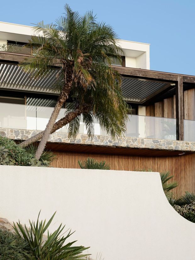 Exterior view of a multi-level contemporary residence with white rendered volumes, broad shaded terraces, dark timber or metal framing, glass balustrades, stone-faced retaining or facade elements, and vertical timber screening. A mature palm and drought-tolerant planting occupy the foreground, reinforcing a warm coastal or subtropical setting.