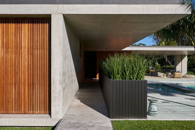 Modern concrete residential exterior with a covered entry passage leading toward a landscaped pool courtyard. The facade combines smooth raw concrete planes with a tall vertical timber slat screen and dark built-in planter boxes. A swimming pool, low pavilion roof, tropical planting, and timber-look decking are visible, creating a minimalist indoor-outdoor composition.