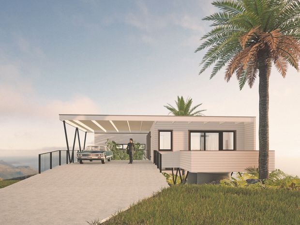 Architectural rendering of a compact elevated single-storey coastal home with a flat-roofed carport, broad concrete driveway, horizontal light-toned cladding, black-framed windows, and a raised structure supported on angled posts. Palm trees and a hazy ocean-like horizon establish a tropical coastal setting.
