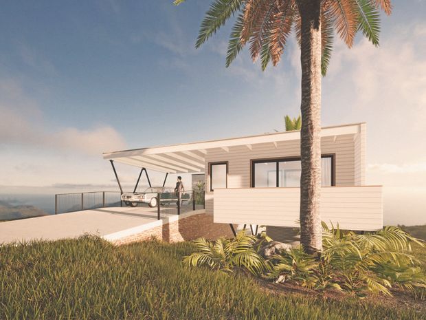 Architectural rendering of a modern, single-storey elevated house on a sloping coastal or hillside site. The building has a crisp flat roof with deep overhangs, pale horizontal cladding, extensive glazing, and an integrated carport or covered outdoor platform. Tropical palms and landscaped planting surround the house, with a distant expansive landscape visible beyond the deck.