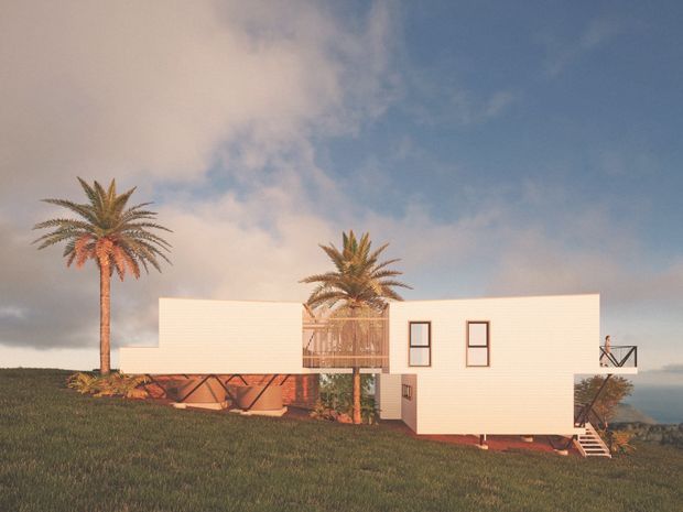 Exterior architectural view of a minimalist white horizontal-clad house set on a grassy coastal or elevated site. The low rectilinear building has a flat roof, narrow vertical windows, timber decking and stairs, and appears raised on structural supports. Palm trees and a glimpse of ocean are visible around the house.
