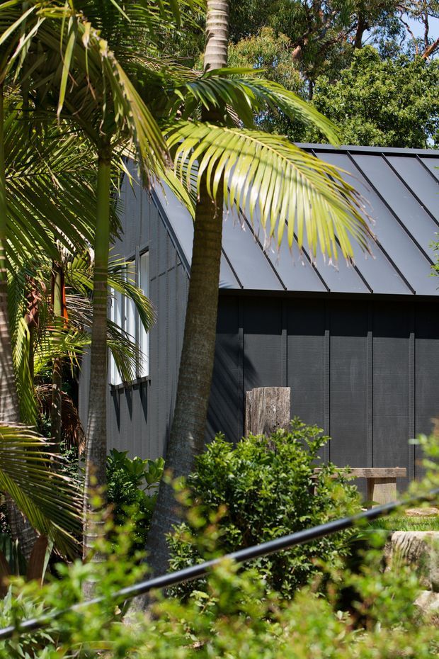 Exterior view of a contemporary dark-clad building partially screened by lush tropical planting and palm trees. The structure features a sharply pitched standing-seam metal roof, dark vertical wall cladding, and narrow screened or louvred glazing. A landscaped garden and timber elements sit in the foreground.