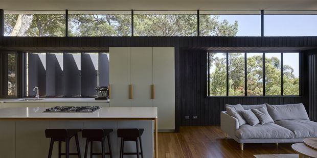 Open-plan contemporary kitchen and living room with dark vertical timber wall panelling, warm timber flooring, white cabinetry and island, and expansive clerestory and picture windows overlooking trees. The kitchen includes a gas cooktop and bar seating, while the living area has a large light-grey sectional sofa.