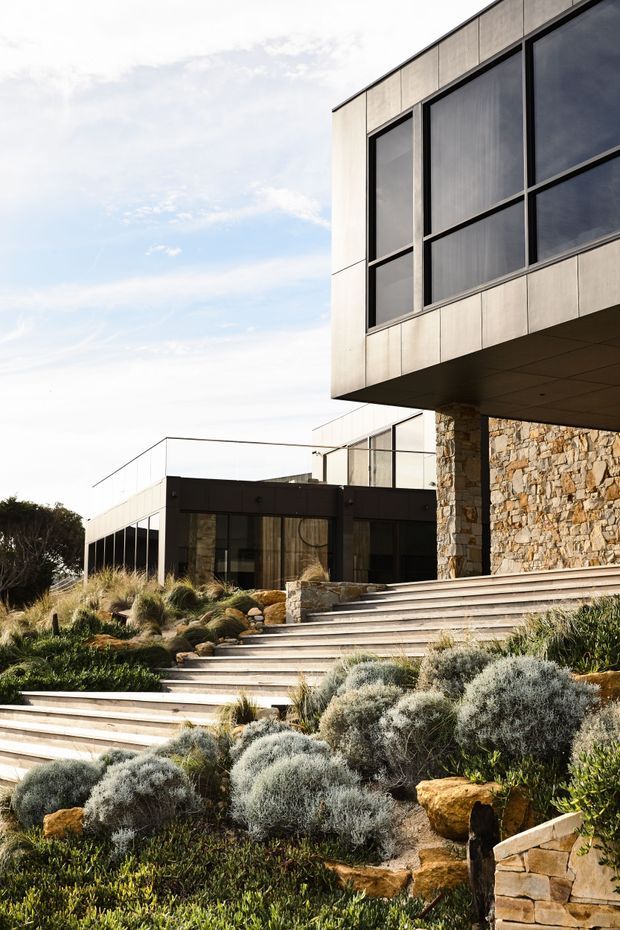 Exterior view of a contemporary multi-level building with large dark-framed windows, pale concrete or panel cladding, and prominent rough stone wall sections. Broad stepped terraces lead through a landscaped sloping garden of drought-tolerant shrubs, grasses, and natural rock. The composition emphasizes the building facade, cantilevered upper volume, and integrated landscape.