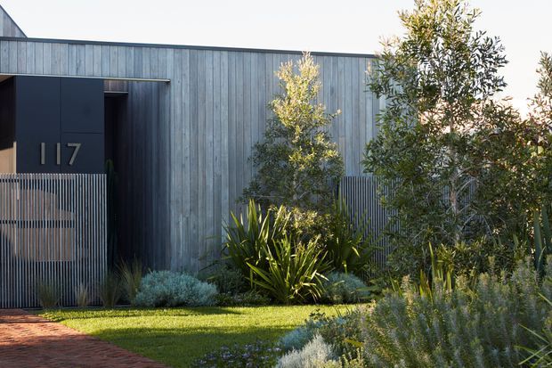 Contemporary residential facade with vertically clad grey timber walls, a dark recessed entry door marked 117, and a textured metal privacy screen. The frontage is integrated into a landscaped garden with ornamental grasses, shrubs, trees, and a brick-paved path. The composition emphasizes the building exterior and its carefully designed planting.