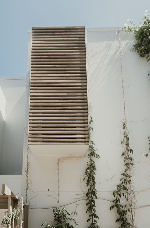 Exterior architectural detail of a minimalist white building facade, featuring a tall recessed opening screened by closely spaced horizontal timber slats. Climbing vines soften the white walls, while a pale blue sky and strong daylight create an airy, contemporary appearance.