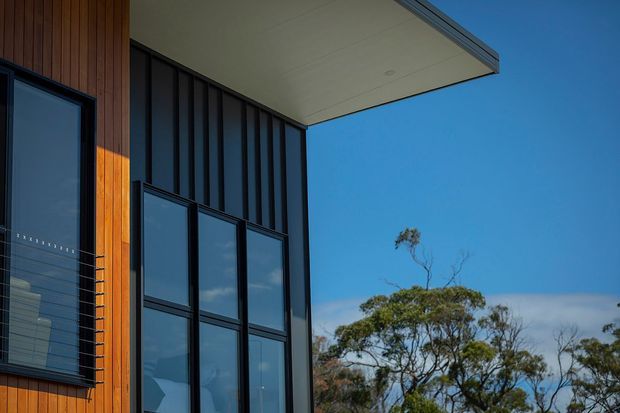 Close-up exterior view of a contemporary building facade with tall black-framed glazing, dark vertical cladding, warm timber wall cladding, and a projecting flat roof soffit. Native-looking trees and clear blue sky are visible in the background.