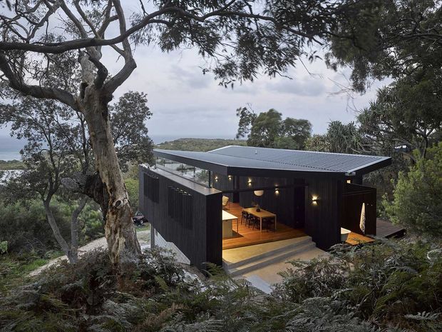 A compact dark-clad modern pavilion is nestled among dense native vegetation on a wooded, elevated site. The single-storey building has a broad low-pitched metal roof, extensive open glazing, a timber-lined outdoor dining area, and warm interior lighting. A distant body of water or hazy horizon is visible beyond the trees.
