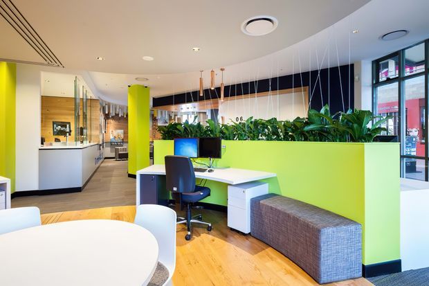 Bright contemporary open-plan commercial interior, likely an office reception or collaborative workspace. The foreground contains a white rounded meeting table and chairs, while the centre features a compact workstation with monitor, task chair, white desk and drawers. A vivid lime-green partition with integrated planter separates the workspace from a long upholstered bench. Timber flooring, timber wall cladding, suspended pendant lights, exposed glazing and a clean white ceiling create a fresh, energetic fit-out.