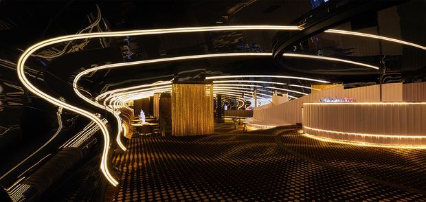 A dramatic, futuristic commercial interior with a dark reflective ceiling and floor, sweeping ribbon-like linear LED lighting, warm gold illumination, and curved illuminated reception or counter forms. A central ribbed golden feature column and layered curved partitions create a high-end, immersive hospitality or retail atmosphere.