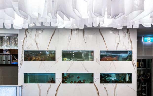 A contemporary commercial interior featuring a dramatic white sculptural ceiling installation, a large bookmatched white marble-effect feature wall with veining, and six horizontally recessed illuminated display panels resembling aquariums or artwork niches. Dark service or display areas flank the feature wall, with a blue illuminated exit sign visible at right.