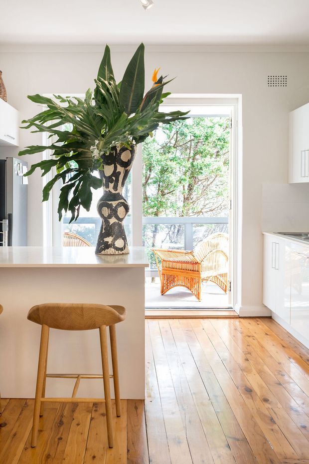 Bright, compact kitchen with white cabinetry and a pale island, warm timber flooring, and a timber breakfast stool. A large patterned ceramic vase filled with tropical foliage forms the centerpiece of the island. Full-height glazing opens toward a small outdoor seating area, bringing in abundant natural light.