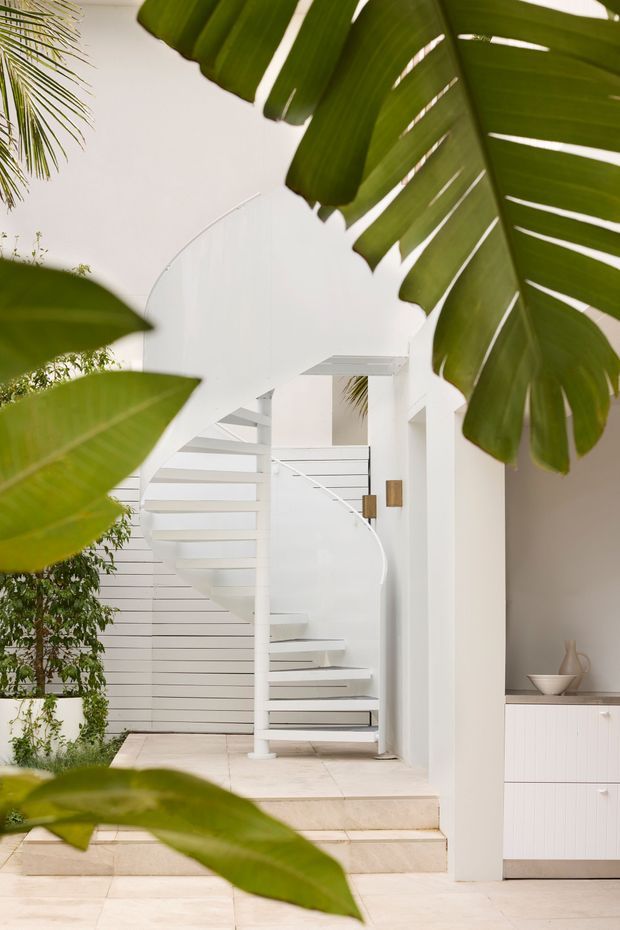 Bright, minimalist interior entry space featuring a sculptural white spiral staircase with open treads and slim metal balustrade. Large tropical leaves frame the view, while white walls, pale tiled flooring, a small built-in cabinet, and a glimpse of greenery create a clean, airy atmosphere.