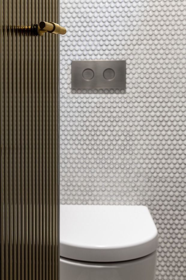 Close-up of a contemporary bathroom toilet area, featuring a white wall-hung toilet, brushed metal dual-flush plate, a textured white circular mosaic tile wall, and a dark vertically ribbed partition with a brass-toned flush or fixture detail.