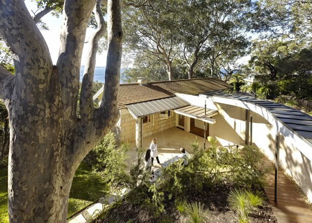 Elevated exterior view of a low-rise residential building nestled among mature trees on a landscaped, sloping site. The house features pale masonry walls, a broad low-pitched tiled roof, adjoining dark metal-roofed sections, covered outdoor walkways or decks, and substantial surrounding vegetation. A glimpse of blue water or distant horizon is visible through the trees.