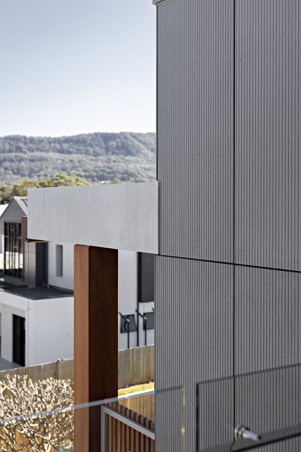 Close-up exterior architectural view of a contemporary multi-level residence, featuring tall dark vertically ribbed cladding, a projecting pale concrete volume, and a warm timber structural post. Other modern residential forms and a wooded hillside are visible in the background.