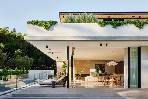 Contemporary two-storey residence with a broad cantilevered upper volume, white rendered facade, warm timber-lined upper level, extensive floor-to-ceiling glazing, and lush integrated rooftop planting. The image looks toward an open-plan living and dining area opening onto a paved terrace beside a glass-railed pool, with a covered outdoor lounge and landscaped garden surrounding the home.