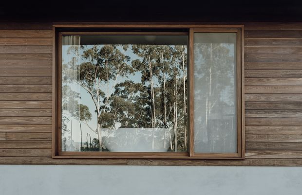 Close-up exterior view of a timber-clad wall with a large horizontally proportioned timber-framed window. The glazing reflects surrounding eucalyptus trees and sky, while sheer curtains are visible behind the glass. A pale rendered or painted wall base runs beneath the timber cladding. The image has a restrained, natural contemporary character.