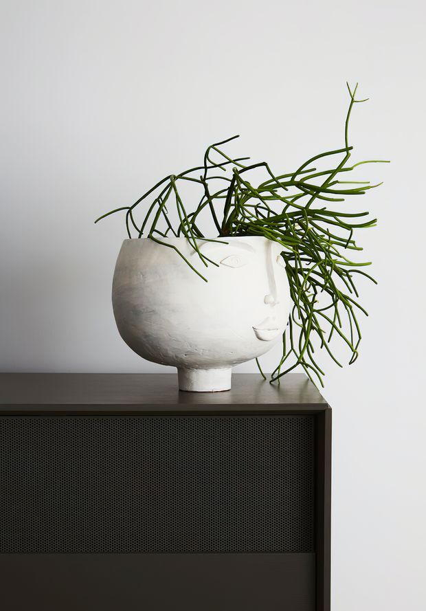 A sculptural white ceramic or plaster face planter holding a trailing green plant, displayed on a dark timber cabinet with a perforated dark metal front against a plain light wall. The composition is minimalist and artful, focused on decorative styling and materials.