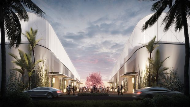 A conceptual architectural rendering of a contemporary, symmetrical commercial streetscape or retail precinct. Two large white sculptural buildings frame a pedestrian-oriented central avenue, with curved facade elements, recessed shopfronts, palm trees, landscaping, pedestrians, and cars in the foreground. The scene is shown at dusk with a soft pastel sky and a refined resort-like atmosphere.
