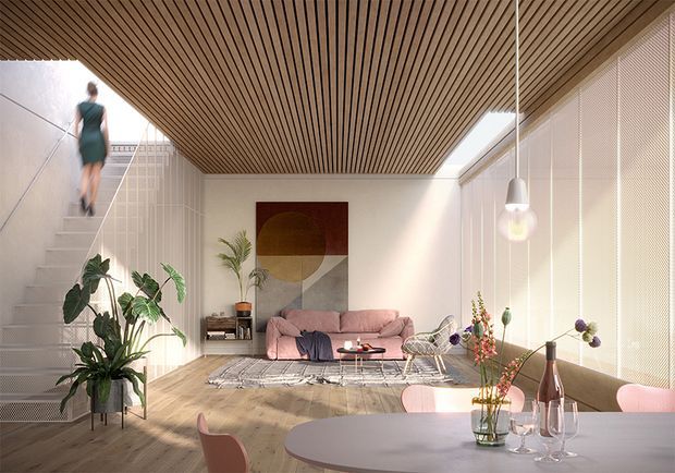 Bright contemporary open-plan living and dining area with a warm timber slatted ceiling, pale timber flooring, white walls, and full-height glazing. A sculptural blush-pink sofa faces an abstract geometric artwork, while indoor plants, pendant lights, and a round dining table with pink chairs create a refined, softly colourful interior. A stairway rises along the left side of the room.