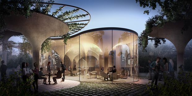 A dusk architectural rendering of a futuristic, pavilion-like commercial or hospitality space set within a landscaped outdoor environment. The central rounded glass enclosure contains a warmly lit lounge or café with seating and tables, while sculptural curved concrete canopy forms and arched supports frame the scene. Visitors occupy the surrounding paved courtyard, with climbing greenery and mature trees integrated into the design. The architecture features a low, sweeping curved roofline, extensive floor-to-ceiling glazing, and a dramatic indoor-outdoor relationship.