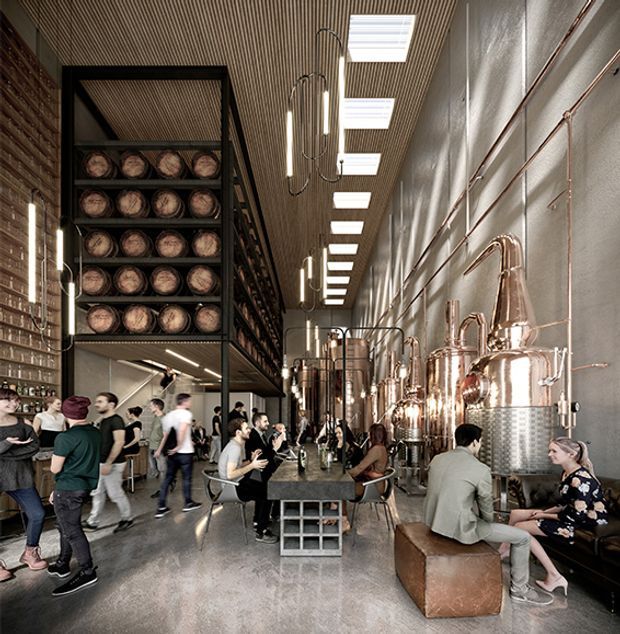 A long, industrial-style brewery or distillery tasting hall with exposed brewing vessels and copper piping along one wall, high ribbed ceilings with repeated skylights, polished concrete flooring, dark steel shelving stacked with barrels, and communal tables and seating. People are gathered throughout the open hospitality space.