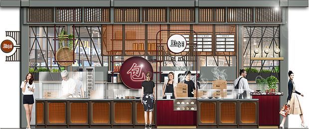 A wide architectural elevation or interior design rendering of a contemporary commercial food-and-beverage venue, likely a market or restaurant frontage. The composition shows multiple service counters, display shelving, illuminated menu boards, staff and customers, dark red and timber-toned cabinetry, metal-framed glazing, and decorative grilles. The space has an industrial-inspired fit-out with strong graphic signage and a highly organized, symmetrical retail counter layout.